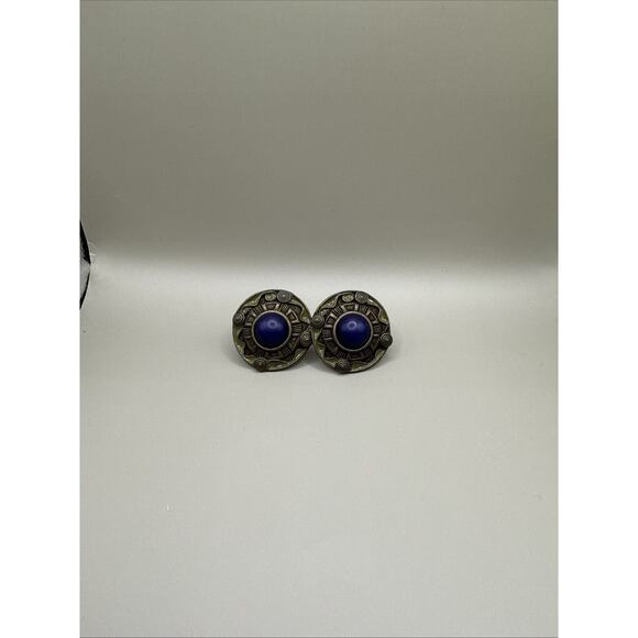 VTG Art Deco Geometric Clipon Earrings Round Abstract Blue Cabochon Enamel Golan - Picture 2 of 6